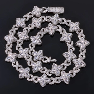 Hip hop silver clover necklace with zircon encrusted cubic stones and figure-8 Cuban link