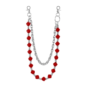 Detail of double-layer pant chain with red rose beads and silver metal link structures