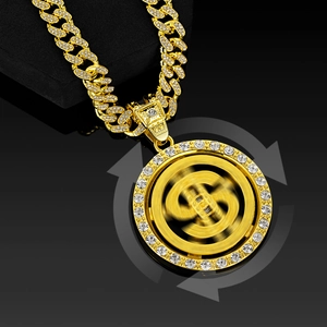 Collier cubain hip hop doré avec pendentif dollar rotatif serti de zircons fins