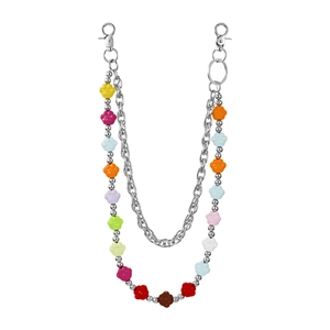 Multilayer pants chain with colorful resin bear paw beads and silver metal links