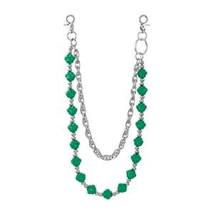 Detail of multi-layer silver pants chain with green resin bear paw beads and lobster clasps