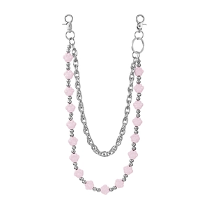 Close-up of dual-layer silver trousers chain with cute pink bear paw charms and lobster clasps