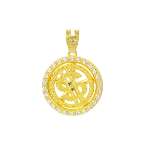 Détail d'un pendentif signe dollar rotatif doré avec des pierres de zircone blanches brillantes