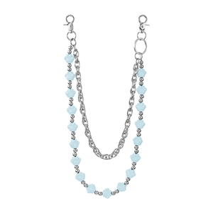 Close-up of double-layer jeans chain with light blue paw beads and silver metal links