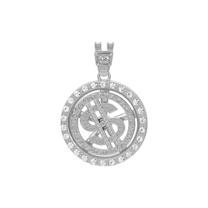 Gros plan du pendentif rotatif symbole dollar en argent avec des oxydes de zirconium