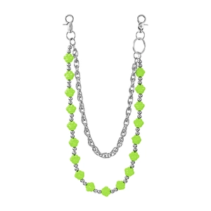 Detail of multi-layer pants chain with neon green bear paw beads and silver link chains