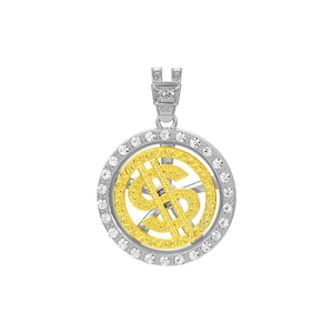 Vue détaillée du pendentif signe dollar hip hop avec placage argent et bord en cristal