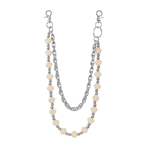 Detail of silver pant chain featuring cute cream bear paw beads and lobster clasps