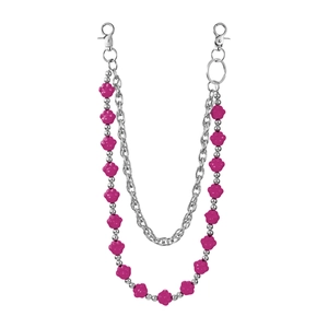 Macro detail of the double-layer silver chain with pink flower beads and lobster clasps