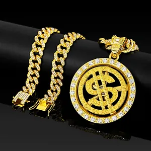 Collier Pendentif Signe Dollar Rotatif Hip Hop Strass en Alliage de Zinc Chaîne Maille Gourmette Bijoux Unisexe