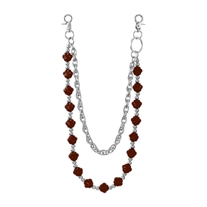 Macro view of multi-layer silver metal chain with dark bead accents and lobster clasp