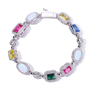 Luxury hip-hop bracelet with colorful gemstones and opal in silver-tone setting
