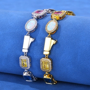 Iced-out hip hop bracelet with colorful gemstones and pavé zircon in gold and silver plating