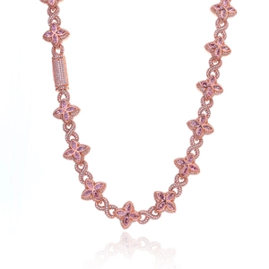Rose gold flower link necklace with pink clover stones and sparkling zircon pavé