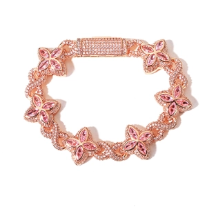 Elegant rose gold flower bracelet with pink stones and white cubic zirconia details