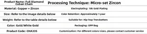 Detailed table showing 14mm cubic zirconia cuban link necklace specifications and material info