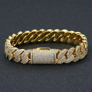 14mm vergoldetes Hip-Hop-Cuban-Gliederkette-Armband mit Zirkon-Besatz und Klappverschluss