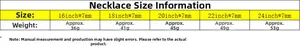 Size chart for 7mm emerald zircon necklace with lengths from 16 to 24 inches and weights