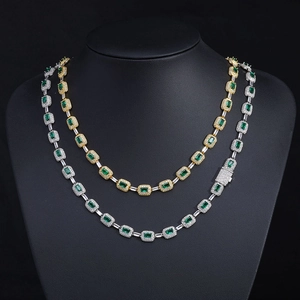 Iced out hip hop necklace with emerald cut green zircon in gold and silver plating
