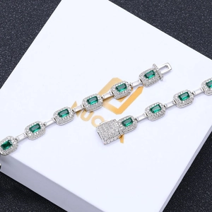 Luxury hip-hop silver bracelet with emerald-cut green gemstones and white zircon halo