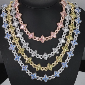 Copper Cubic Zirconia Clover Luxurious Marquise Flower Link Necklace Bracelet For Hip Hop Men Women Party Accessories