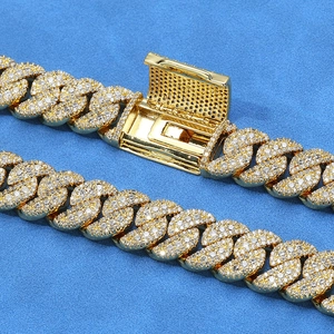 14mm golden Cuban link necklace with iced out pave zircon crystals and secure box clasp