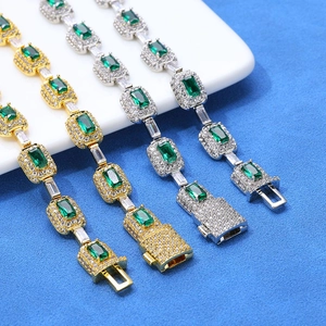 Hip hop style gold and silver bracelets set with large emerald green zircon stones