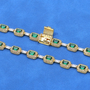 Hip hop S925 silver necklace with rectangular emerald and halo diamond setting