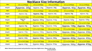 Detailed size guide for 14K gold Cuban link chain showing length and weight options