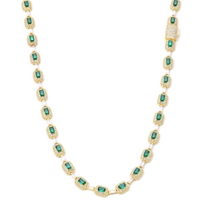 Luxury 18K gold plated necklace with rectangular emerald stones and micro pave zircon stones