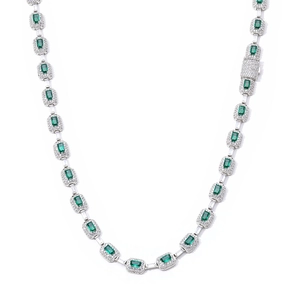 Luxury hip-hop emerald gemstone necklace with micro-paved zircons in silver setting