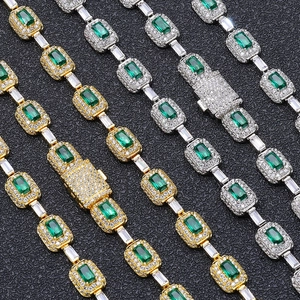 Hip-hop emerald cut green zircon necklaces with pave diamond accents in gold and silver