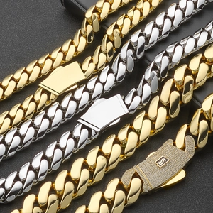 Hip hop Cuban link chain necklace in gold and silver finish with iced out stone buckle