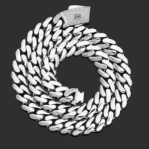 Polished silver Cuban link chain necklace for men with sparkling diamond-set S clasp