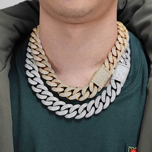 Chaîne Cuban Link 20mm à quatre rangées de diamants style hip-hop or et argent