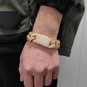 Men's 20mm gold-plated heavy Cuban chain bracelet featuring four rows of pavé set zircons
