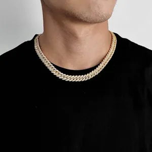 Collana Cuban Link hip hop da 10mm con doppia fila di zirconi dorati da uomo