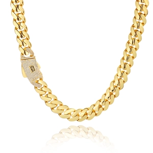 Classic 14k gold Cuban link necklace with iced out S-logo clasp for men's hip hop style