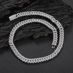 Collana Cuban Link da uomo color argento con doppia fila di zirconi brillanti incastonati
