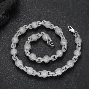 Collier chaîne à billes glacé de 10,5 mm pour hommes avec zircons argentés style hip hop