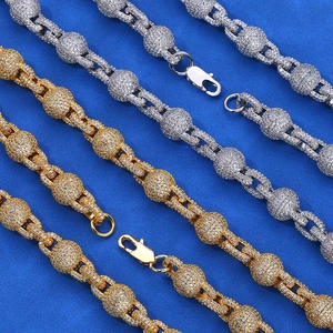 Chaîne à maillons boules glacées 10,5 mm en or et argent avec incrustations de zircon blanc