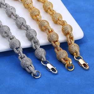 Bracelet à perles 10,5 mm glacé avec zircons cubiques de style hip-hop pour homme en or et argent