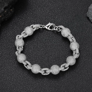 Bracelet chaîne à perles argentées de 10,5mm avec oxydes de zirconium style hip-hop