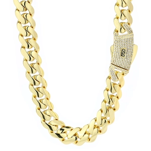 Polished 14K gold Cuban link chain for men with iced-out pave diamond clasp and S logo