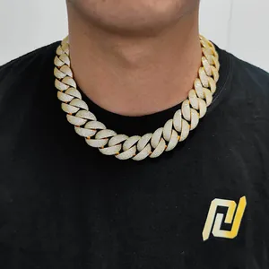 Close-up of 24mm gold plated bubble Cuban link necklace with iced out zircons for men