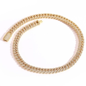 Collana Cuban link dorata 10mm con doppia fila di pietre in zircone stile hip hop lussuoso