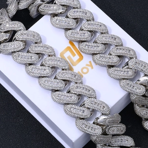 Close-up of 29mm silver Cuban link necklace with micro-pave white zircon stones