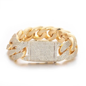 Men's hip hop 20mm Cuban link bracelet in gold finish with four rows of sparkling zircons