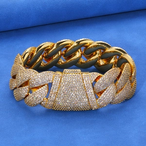 Bracelet Chaîne Cubaine Homme Hip Hop en Cuivre avec Zirconia Plaqué Or Platine Chaîne Géométrique Lourde Bijoux