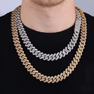 16mm wide iced out rhombic Cuban link chain necklace in gold and silver hip hop style